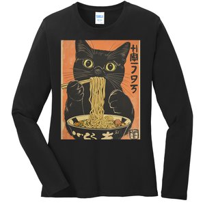 Cat Ramen Funny Graphic S Japanese Kawaii Cat Anime Ladies Long Sleeve Shirt