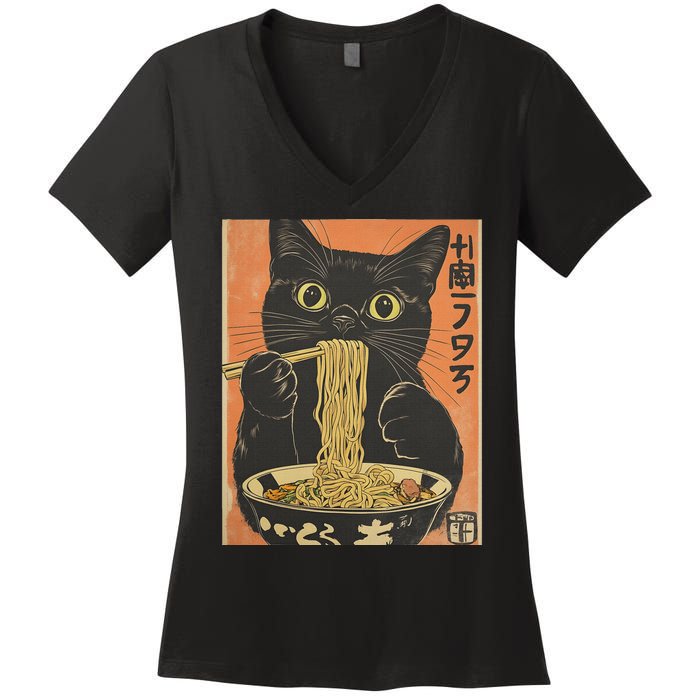 Cat Ramen Funny Graphic S Japanese Kawaii Cat Anime Women's V-Neck T-Shirt