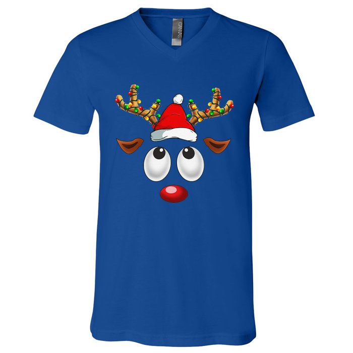 Christmas Reindeer Face Santa Hat Xmas Lights For V-Neck T-Shirt