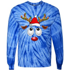 Christmas Reindeer Face Santa Hat Xmas Lights For Tie-Dye Long Sleeve Shirt