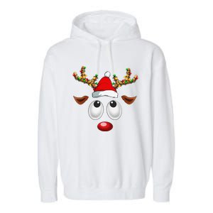 Christmas Reindeer Face Santa Hat Xmas Lights For Garment-Dyed Fleece Hoodie