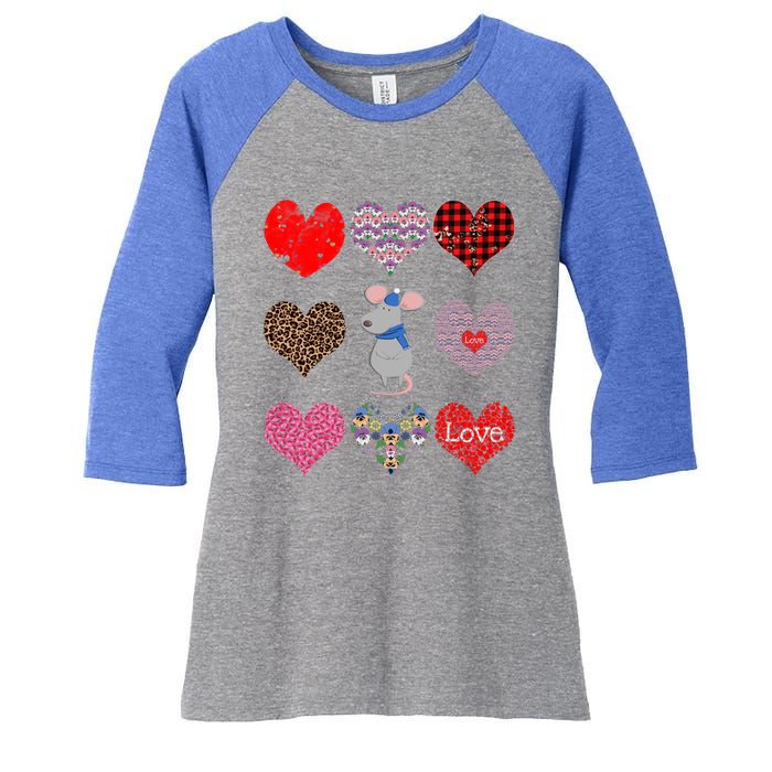 Cute Rat Funny Retro Floral Hearts Pattern Valentines Day Great Gift Women's Tri-Blend 3/4-Sleeve Raglan Shirt