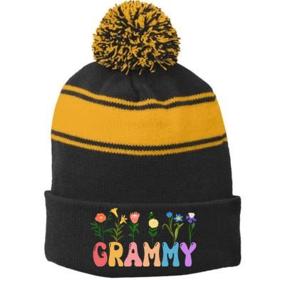 Cute Retro Floral Grammy Stripe Pom Pom Beanie