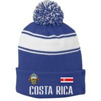 Costa Rica Flag Football Soccer Fan Stripe Pom Pom Beanie