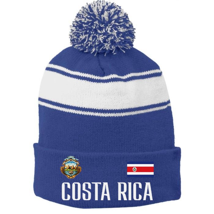 Costa Rica Flag Football Soccer Fan Stripe Pom Pom Beanie