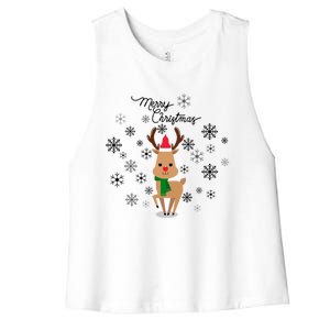 Cute Rudolph Funny Rednosed Reindeer Snowlfakes Christmas Gift Women's Racerback Cropped Tank