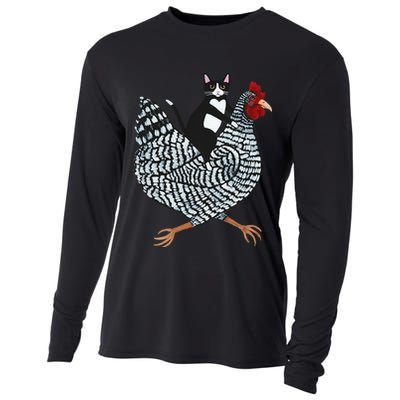 Cat Riding Funny Chicken Tuxedo Cat On A Chicken Lover Cooling Performance Long Sleeve Crew