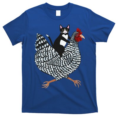 Cat Riding Funny Chicken Tuxedo Cat On A Chicken Lover T-Shirt