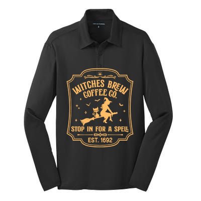 Cute Retro Funny Fall Halloween Witch Coffee Brew Witches Gift Silk Touch Performance Long Sleeve Polo