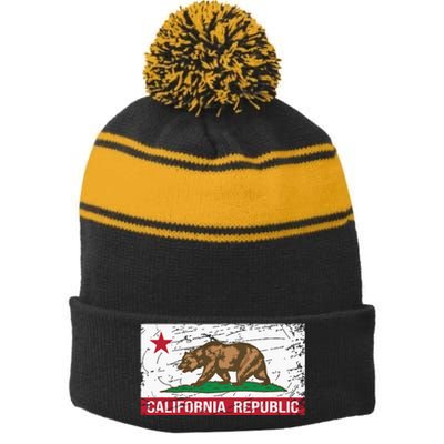 California Republic Flag Ca Distressed Design Classic Stripe Pom Pom Beanie