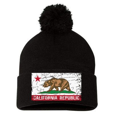 California Republic Flag Ca Distressed Design Classic Pom Pom 12in Knit Beanie