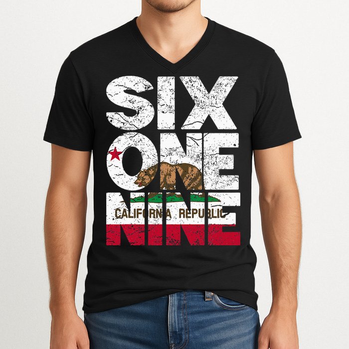 California Republic Flag 619 Area Code V-Neck T-Shirt