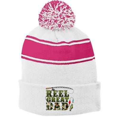 Camouflage Reel Great Dad Fishing Happy Fathers Day Stripe Pom Pom Beanie