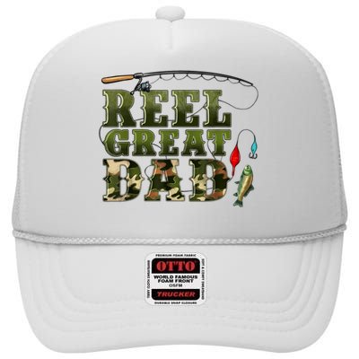 Camouflage Reel Great Dad Fishing Happy Fathers Day High Crown Mesh Back Trucker Hat