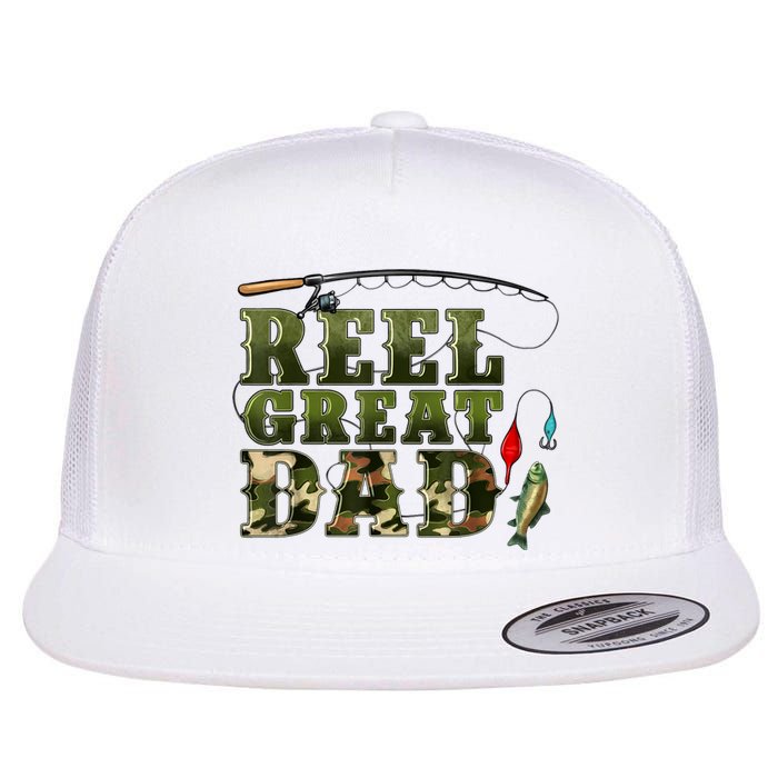 Camouflage Reel Great Dad Fishing Happy Fathers Day Flat Bill Trucker Hat