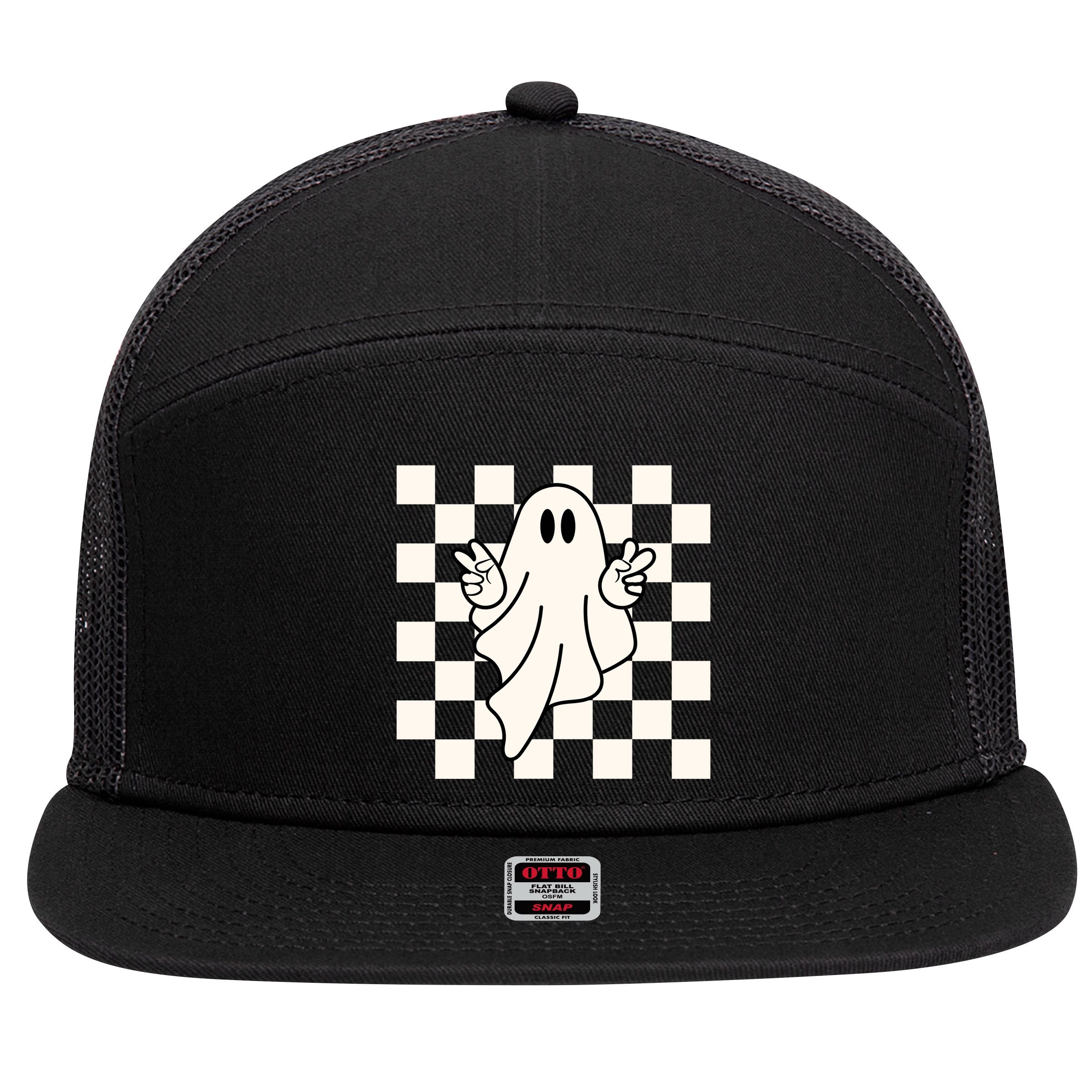 Cute Retro Ghost Peace Sign Halloween 7 Panel Mesh Trucker Snapback Hat
