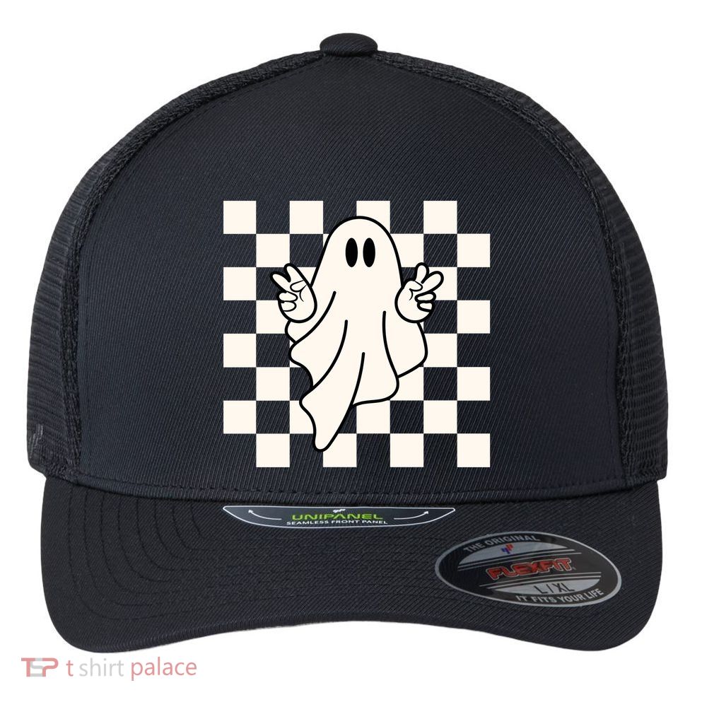Cute Retro Ghost Peace Sign Halloween Flexfit Unipanel Trucker Cap