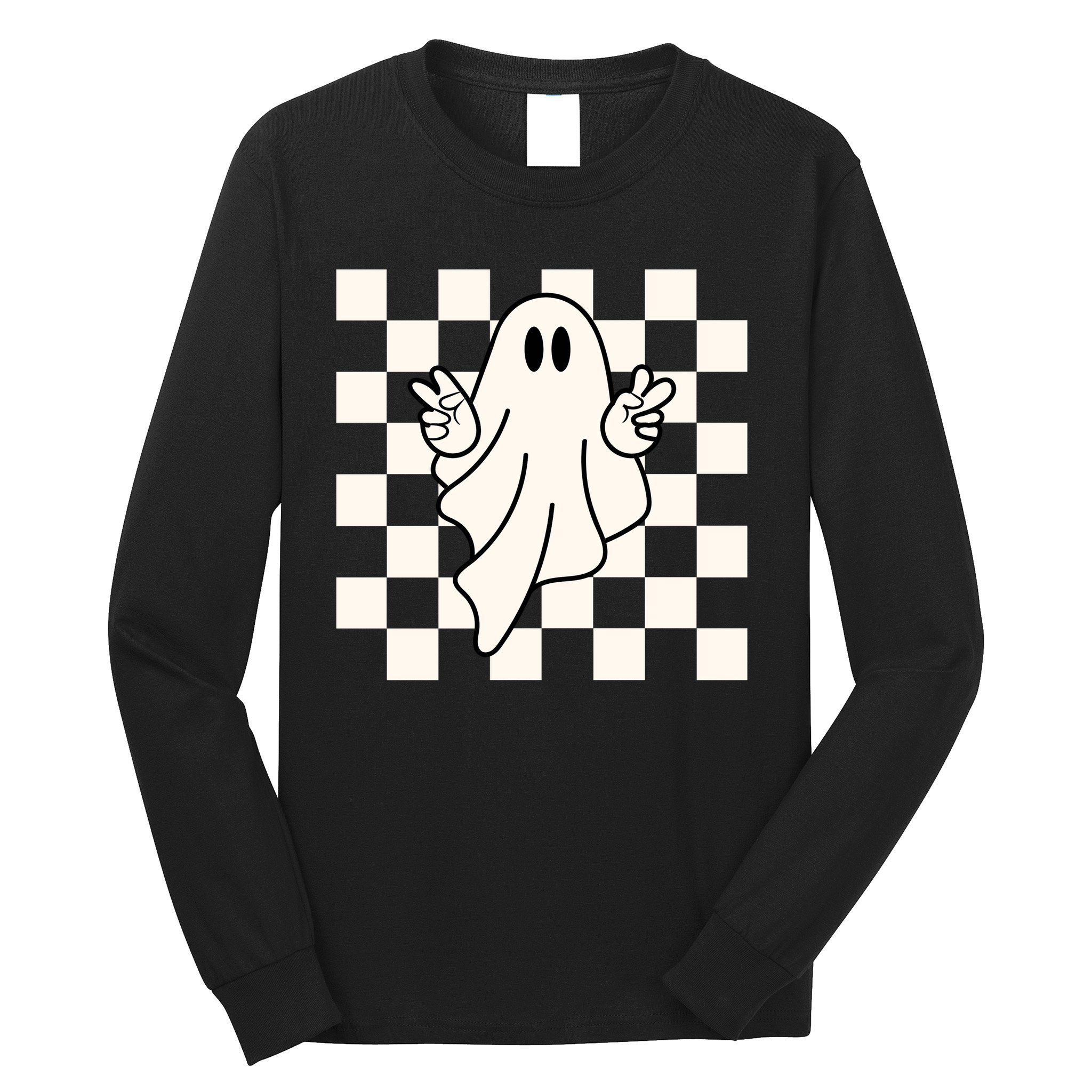 Cute Retro Ghost Peace Sign Halloween Long Sleeve Shirt