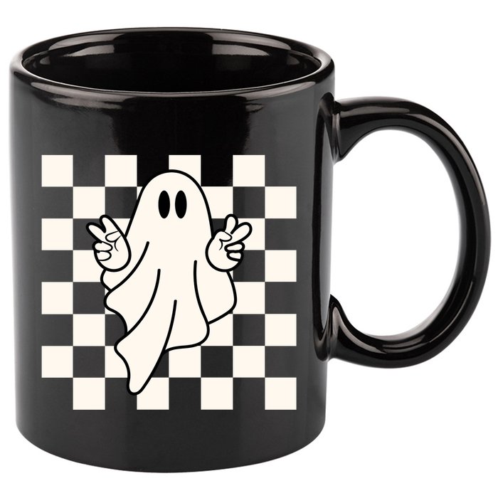 Cute Retro Ghost Peace Sign Halloween 11oz C Handle Ceramic Mug