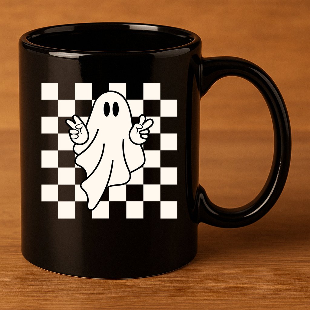 Cute Retro Ghost Peace Sign Halloween 11oz C Handle Ceramic Mug