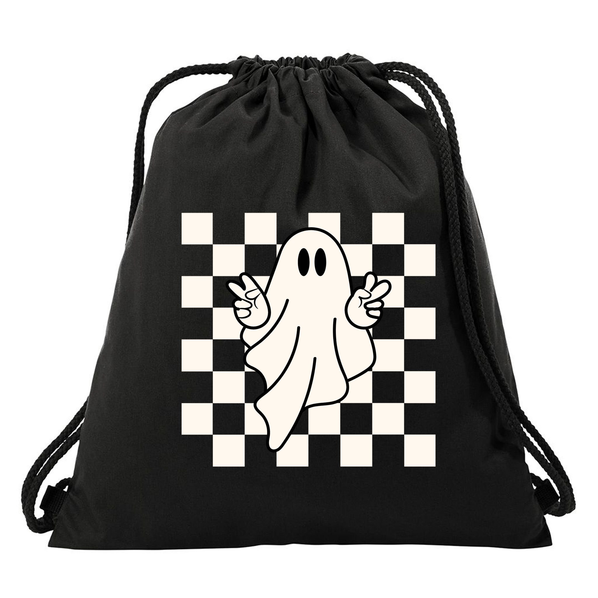 Cute Retro Ghost Peace Sign Halloween Drawstring Bag