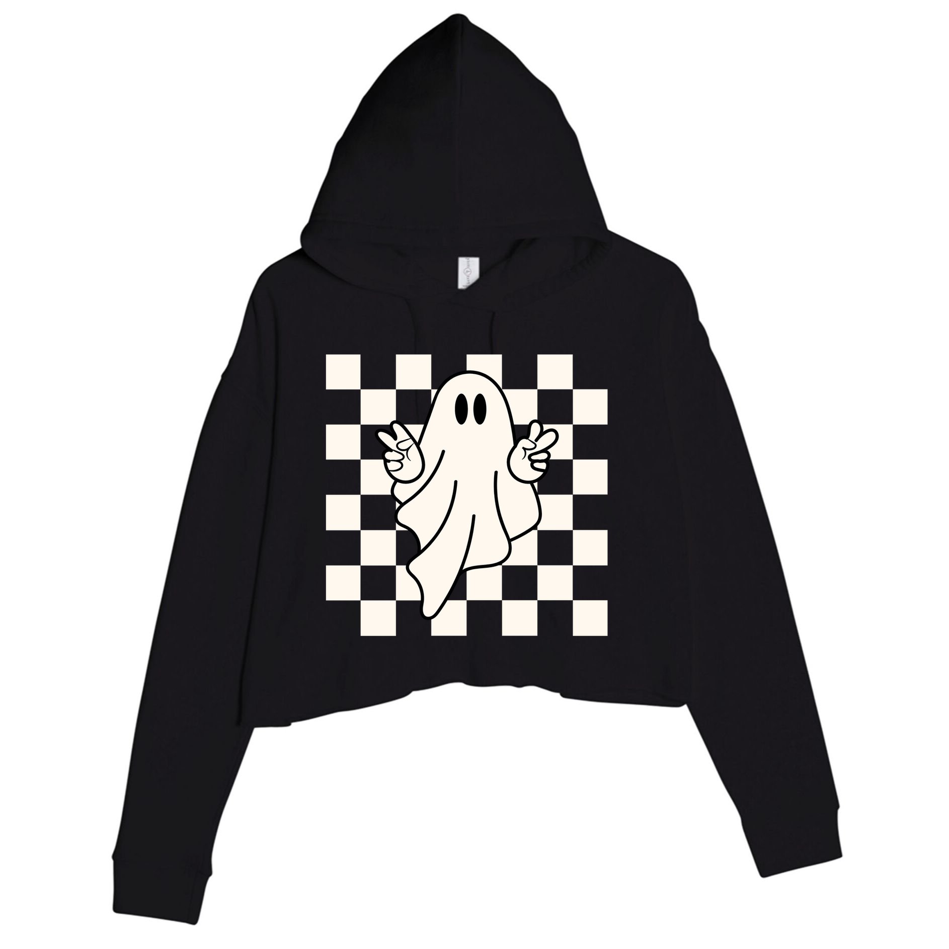 Cute Retro Ghost Peace Sign Halloween Crop Fleece Hoodie