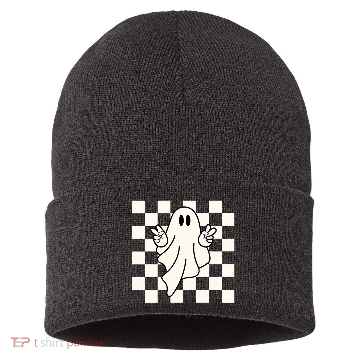 Cute Retro Ghost Peace Sign Halloween Sustainable Knit Beanie