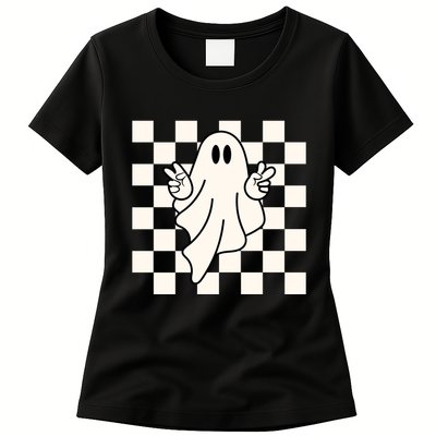 Cute Retro Ghost Peace Sign Halloween Womens T-Shirt