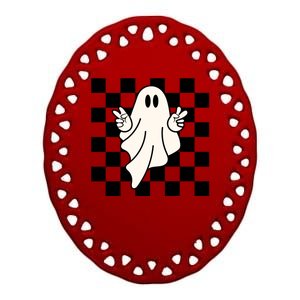 Cute Retro Ghost Peace Sign Halloween Ceramic Oval Ornament