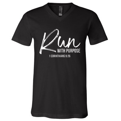 Christian Runner Gift Running Gear Run With Purpose Quote V-Neck T-Shirt