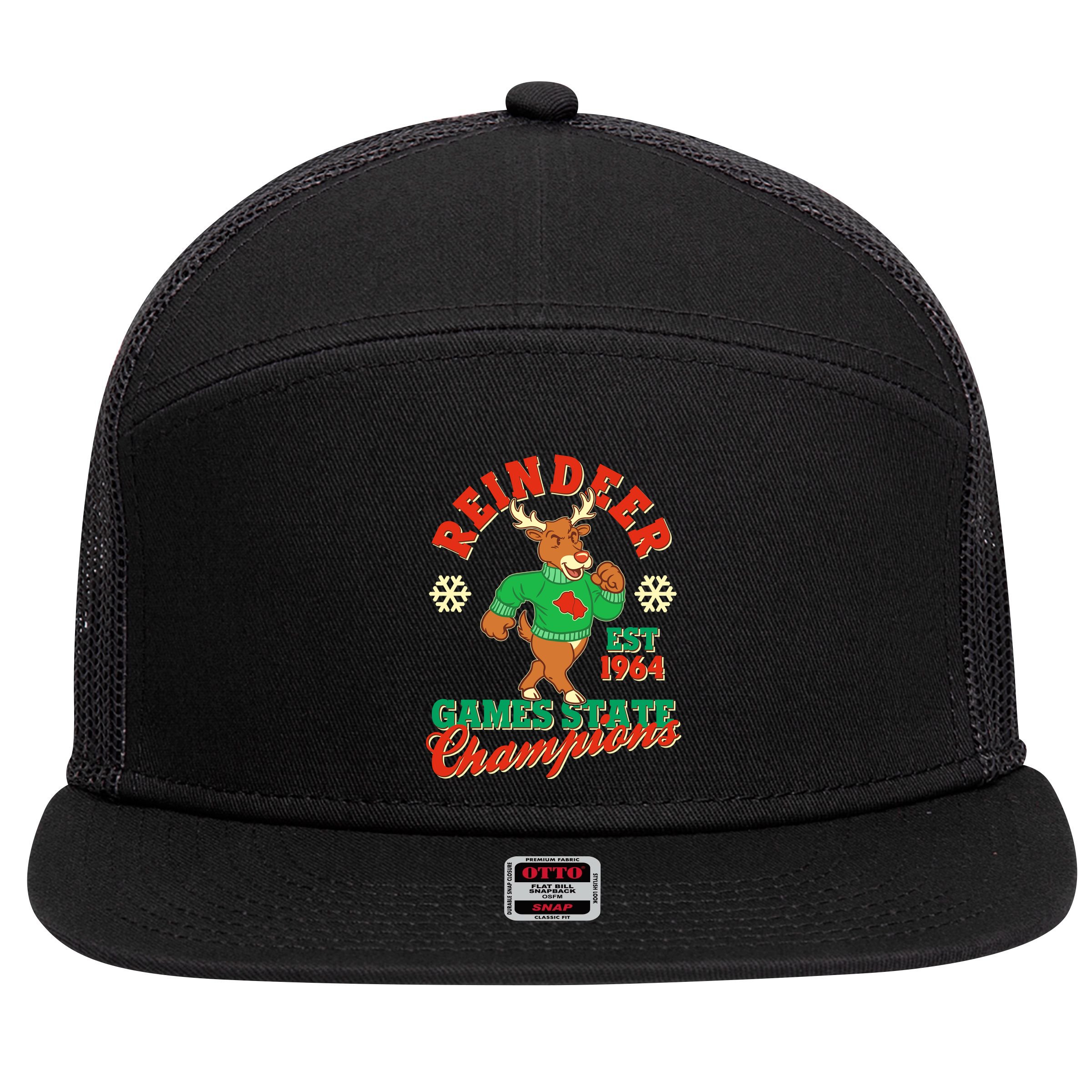 Christmas Reindeer Games State Champions Est 1964 7 Panel Mesh Trucker Snapback Hat