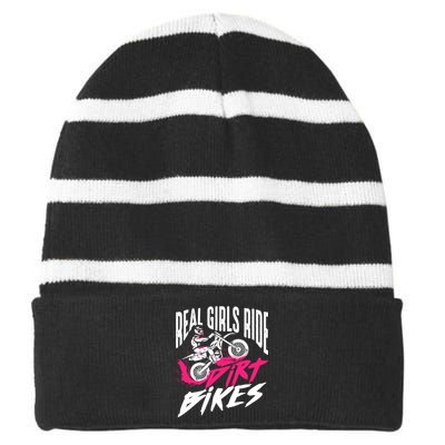 Cute Real Girl Ride Dirt Bikes | Funny Motorbike Racer Gift Striped Beanie with Solid Band