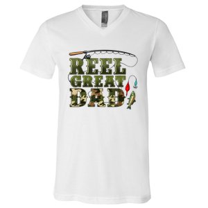 Camouflage Reel Great Dad Fishing Happy Fathers Day V-Neck T-Shirt