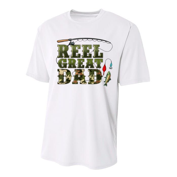 Camouflage Reel Great Dad Fishing Happy Fathers Day Performance Sprint T-Shirt