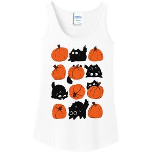 Cats Retro Groovy Pumpkin Halloween Thanksgiving Ladies Essential Tank