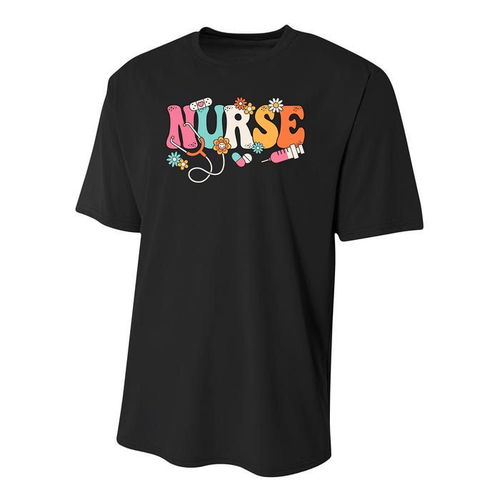 Cute Retro Groovy Nurse Flower Nursing Youth Performance Sprint T-Shirt