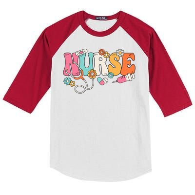 Cute Retro Groovy Nurse Flower Nursing Kids Colorblock Raglan Jersey