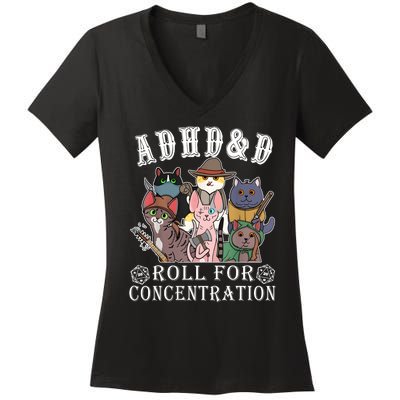 Cats Rpg Gamer Roll For Concentration D20 Dice Nerdy Women's V-Neck T-Shirt