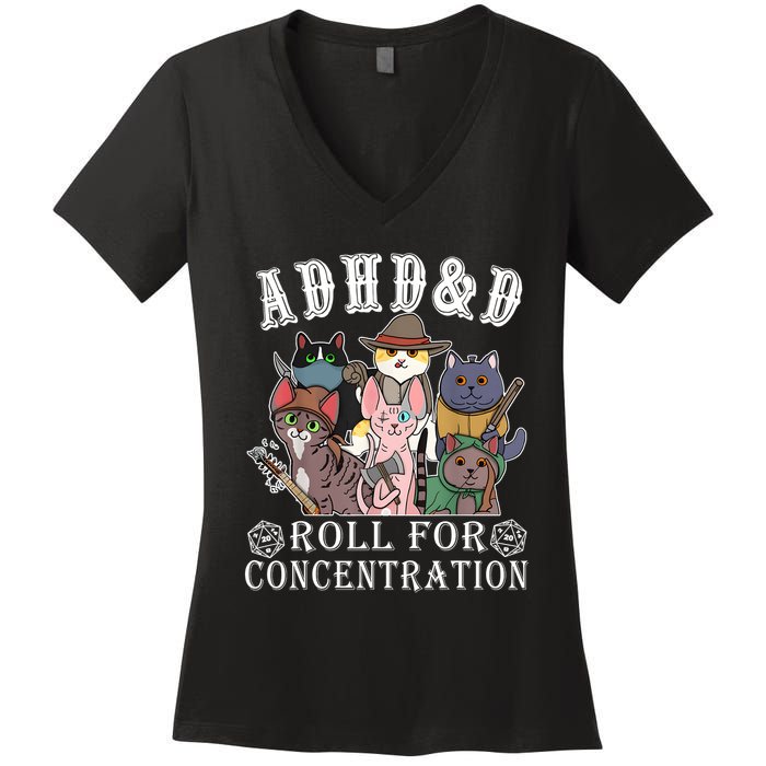 Cats Rpg Gamer Roll For Concentration D20 Dice Nerdy Women's V-Neck T-Shirt