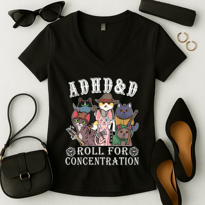 Cats Rpg Gamer Roll For Concentration D20 Dice Nerdy Women's V-Neck T-Shirt
