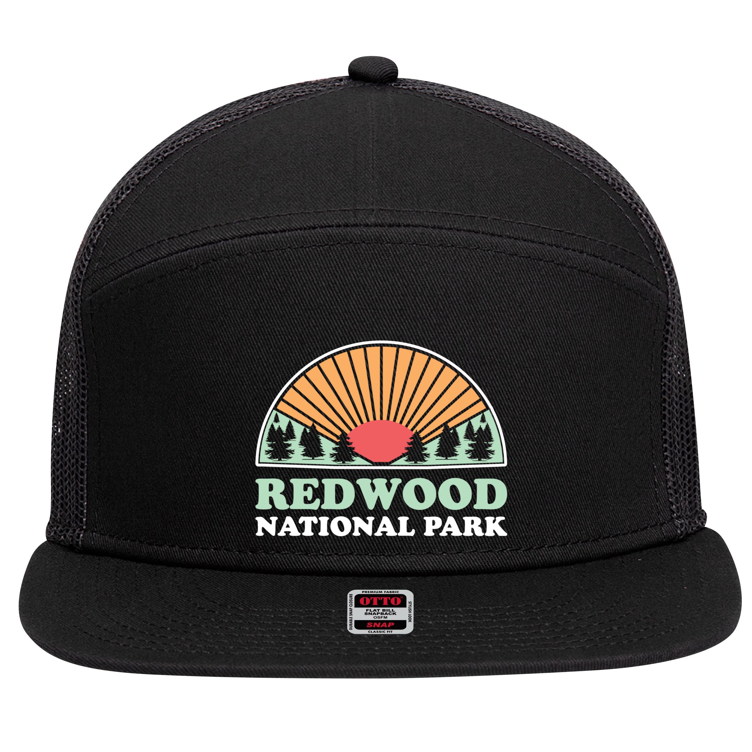 California Retro Gift Vintage Redwood National Park Gift 7 Panel Mesh Trucker Snapback Hat