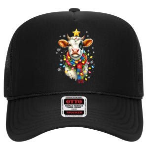 Cow Reindeer Hat Santa Lights Funny Cow Christmas High Crown Mesh Back Trucker Hat