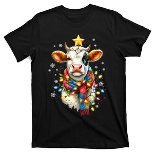 Cow Reindeer Hat Santa Lights Funny Cow Christmas T-Shirt