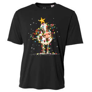 Cow Reindeer Hat Santa Christmas Lights Funny Cow Christmas Cooling Performance Crew T-Shirt