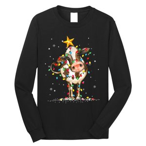 Cow Reindeer Hat Santa Christmas Lights Funny Cow Christmas Long Sleeve Shirt