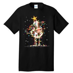 Cow Reindeer Hat Santa Christmas Lights Funny Cow Christmas Tall T-Shirt