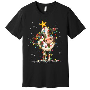 Cow Reindeer Hat Santa Christmas Lights Funny Cow Christmas Premium T-Shirt