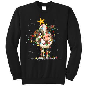 Cow Reindeer Hat Santa Christmas Lights Funny Cow Christmas Tall Sweatshirt