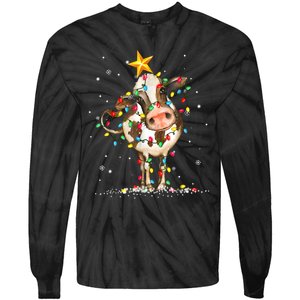 Cow Reindeer Hat Santa Christmas Lights Funny Cow Christmas Tie-Dye Long Sleeve Shirt