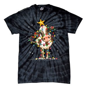 Cow Reindeer Hat Santa Christmas Lights Funny Cow Christmas Tie-Dye T-Shirt